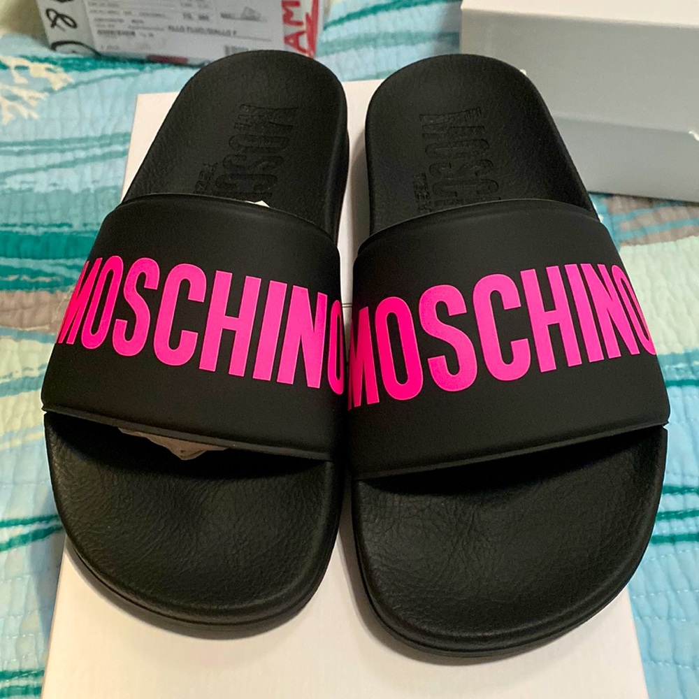 Brand new moschino slides, black neon pink 36